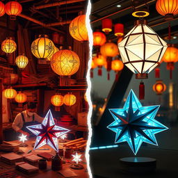 A captivating scene illustrating the transition from traditional old star lanterns to modern futuristic star lanterns