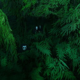 Menacing kidnappers garbed in skeleton face masks and bulletproof vests over semi-combatant attire, hiding amidst the dense foliage of a forest.