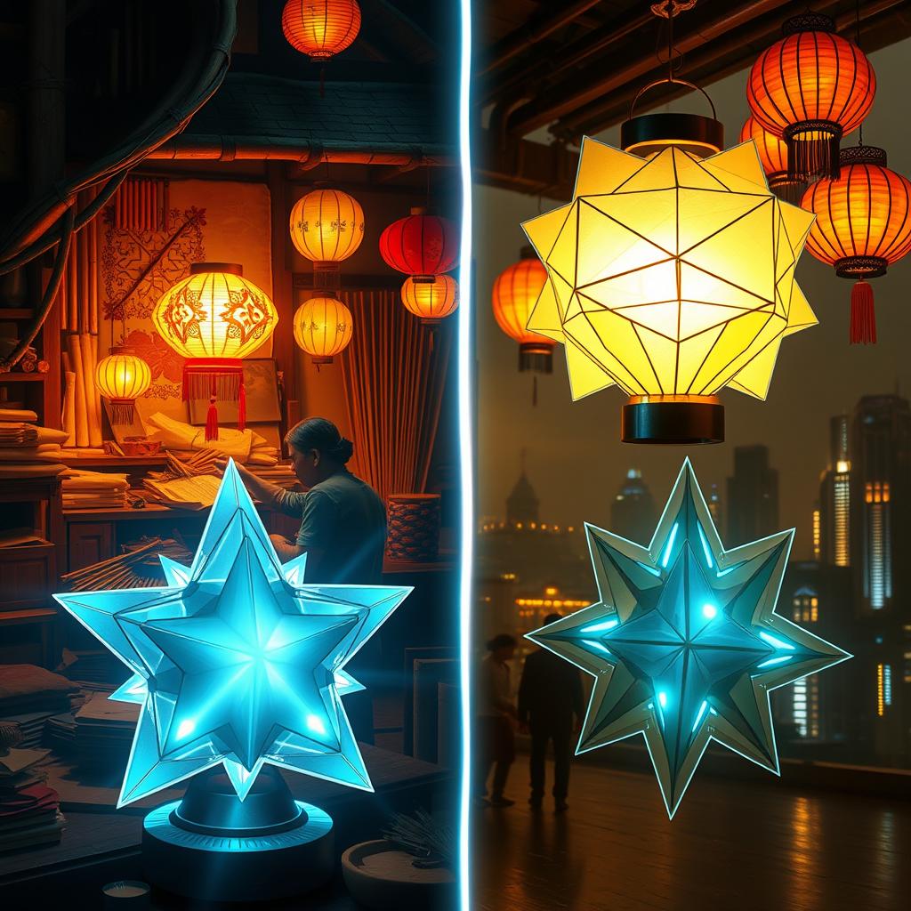 A captivating scene illustrating the transition from traditional old star lanterns to modern futuristic star lanterns