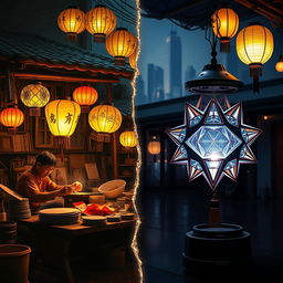 A captivating scene illustrating the transition from traditional old star lanterns to modern futuristic star lanterns