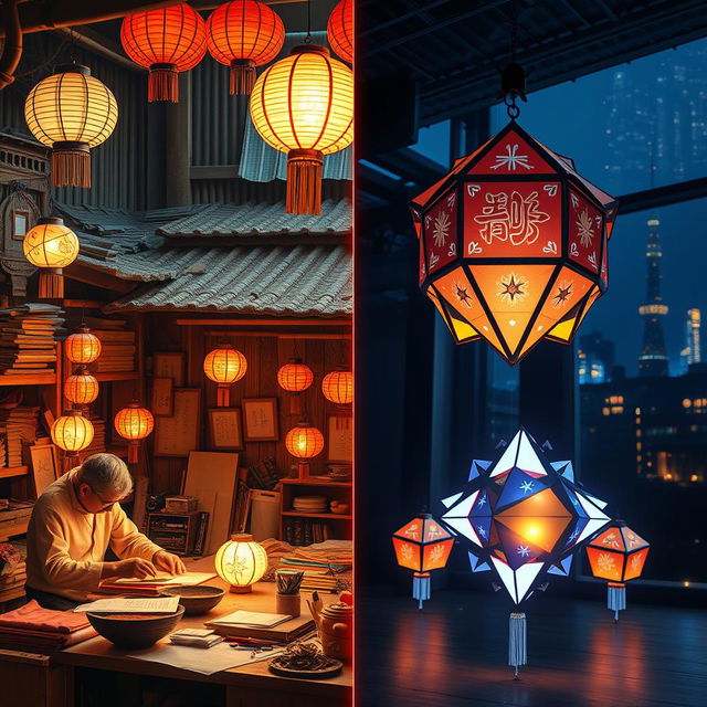 A captivating scene illustrating the transition from traditional old star lanterns to modern futuristic star lanterns