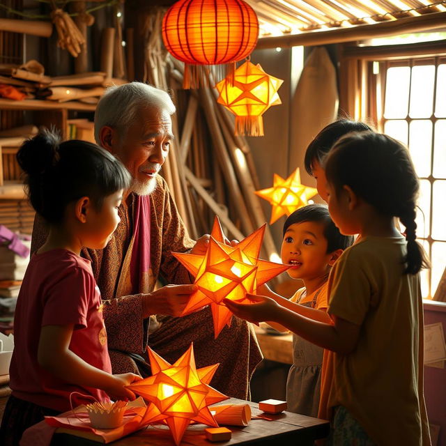 A heartwarming scene depicting an elderly Filipino man passing down the cherished tradition of making 'paról', the star lantern, to a group of enthusiastic children