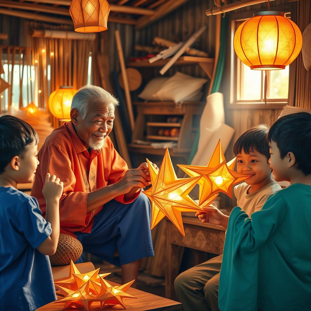 A heartwarming scene depicting an elderly Filipino man passing down the cherished tradition of making 'paról', the star lantern, to a group of enthusiastic children