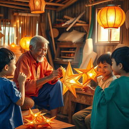 A heartwarming scene depicting an elderly Filipino man passing down the cherished tradition of making 'paról', the star lantern, to a group of enthusiastic children