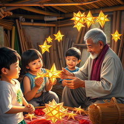 A heartwarming scene depicting an elderly Filipino man passing down the cherished tradition of making 'paról', the star lantern, to a group of enthusiastic children