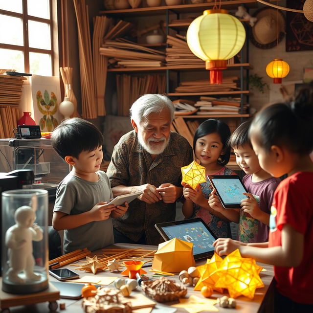 A heartwarming scene depicting an elderly Filipino man passing down the cherished tradition of making 'paról', the star lantern, to a group of curious children, while integrating modern AI technology into the process