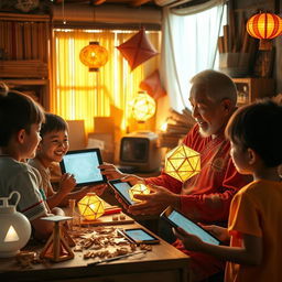 A heartwarming scene depicting an elderly Filipino man passing down the cherished tradition of making 'paról', the star lantern, to a group of curious children, while integrating modern AI technology into the process