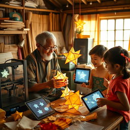 A heartwarming scene depicting an elderly Filipino man passing down the cherished tradition of making 'paról', the star lantern, to a group of curious children, while integrating modern AI technology into the process