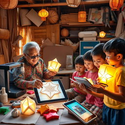 A heartwarming scene depicting an elderly Filipino man passing down the cherished tradition of making 'paról', the star lantern, to a group of curious children, while integrating modern AI technology into the process