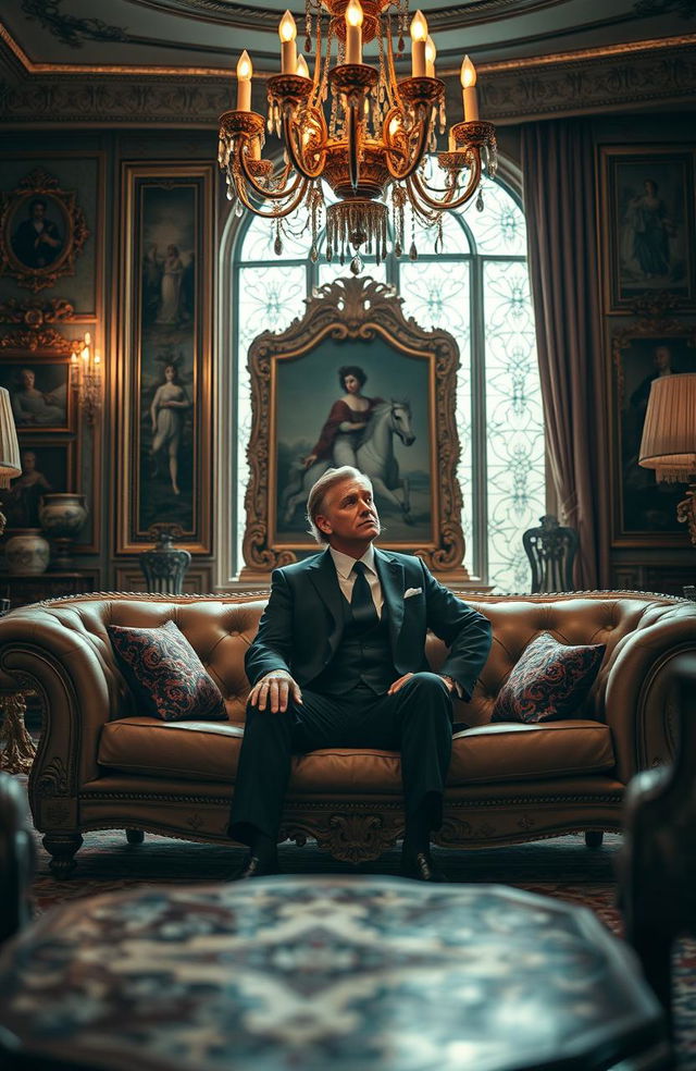 A visually striking and ironic scene depicting a wealthy billionaire sitting on a luxurious couch in an opulent living room, surrounded by lavish decor, yet looking forlorn and melancholic