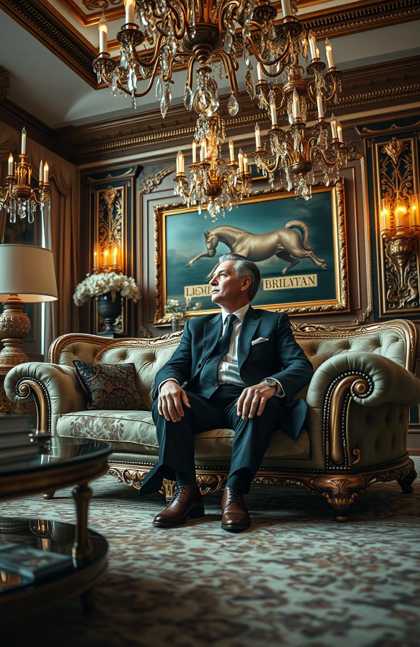 A visually striking and ironic scene depicting a wealthy billionaire sitting on a luxurious couch in an opulent living room, surrounded by lavish decor, yet looking forlorn and melancholic