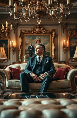 A visually striking and ironic scene depicting a wealthy billionaire sitting on a luxurious couch in an opulent living room, surrounded by lavish decor, yet looking forlorn and melancholic