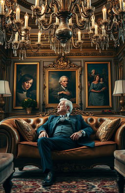 A visually striking and ironic scene depicting a wealthy billionaire sitting on a luxurious couch in an opulent living room, surrounded by lavish decor, yet looking forlorn and melancholic