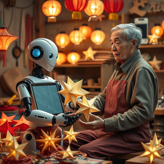 An engaging scene featuring an elderly man in a workshop, equipped with a friendly AI robot that assists him in traditional crafting