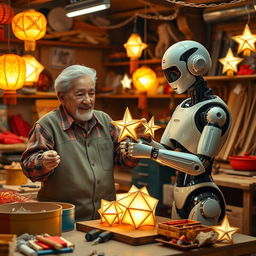 An engaging scene featuring an elderly man in a workshop, equipped with a friendly AI robot that assists him in traditional crafting