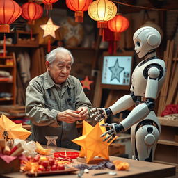 An engaging scene featuring an elderly man in a workshop, equipped with a friendly AI robot that assists him in traditional crafting