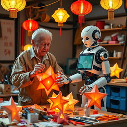 An engaging scene featuring an elderly man in a workshop, equipped with a friendly AI robot that assists him in traditional crafting