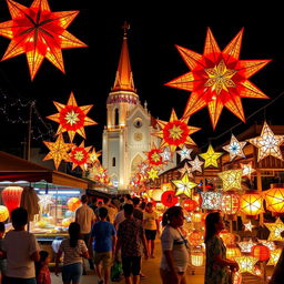 A vibrant and festive scene showcasing the iconic 'paról' (star lanterns) of San Fernando, Pampanga during the renowned Giant Lantern Festival