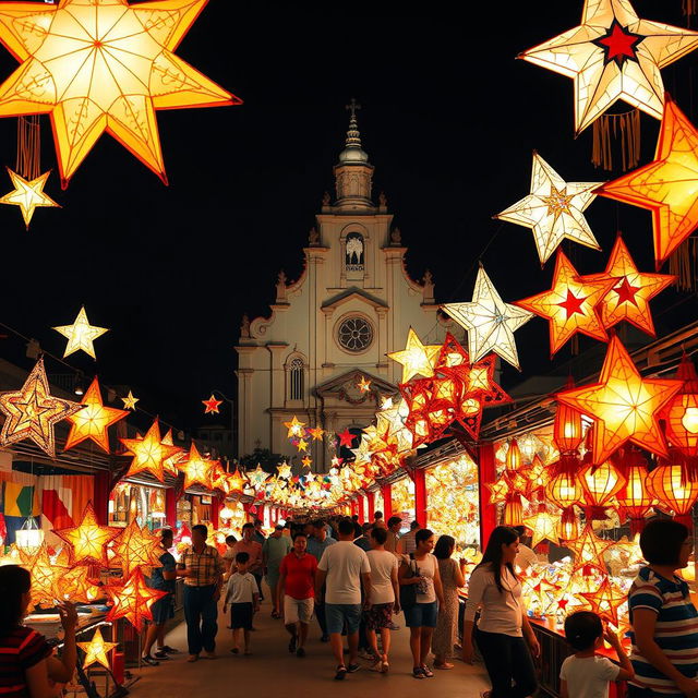 A vibrant and festive scene showcasing the iconic 'paról' (star lanterns) of San Fernando, Pampanga during the renowned Giant Lantern Festival