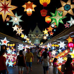 A vibrant and festive scene showcasing the iconic 'paról' (star lanterns) of San Fernando, Pampanga during the renowned Giant Lantern Festival