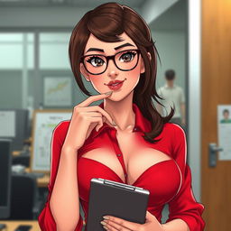 A close-up shot of a sexy female character in an office setting