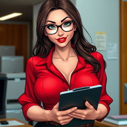 A close-up shot of a sexy female character in an office setting