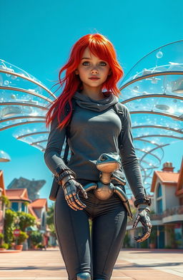 A futuristic scene showcasing an 18-year-old girl with vibrant red hair, standing in a town covered with transparent weather shields, which shimmer in the sunlight