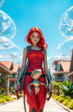 A futuristic scene showcasing an 18-year-old girl with vibrant red hair, standing in a town covered with transparent weather shields, which shimmer in the sunlight