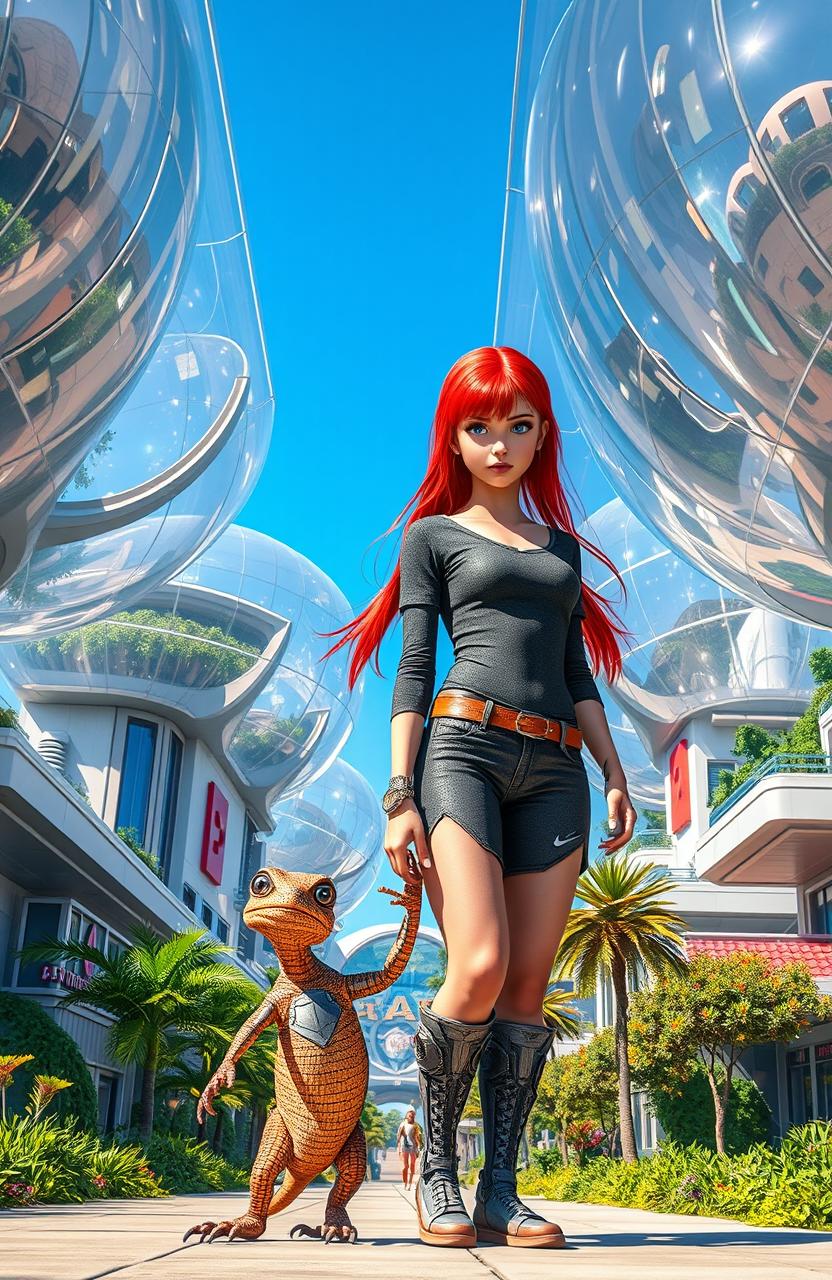 A futuristic scene showcasing an 18-year-old girl with vibrant red hair, standing in a town covered with transparent weather shields, which shimmer in the sunlight