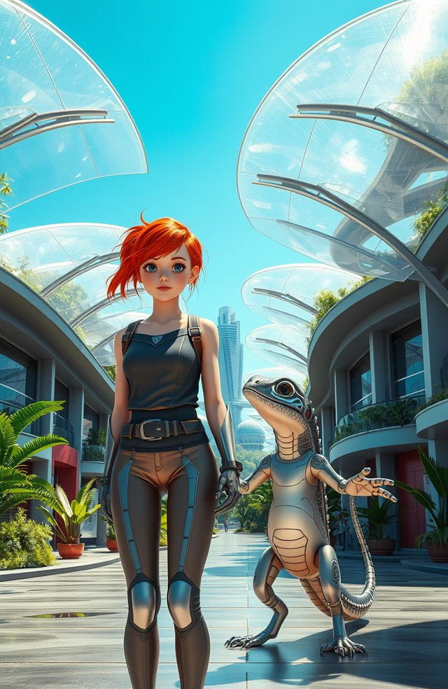 A futuristic scene showcasing an 18-year-old girl with vibrant red hair, standing in a town covered with transparent weather shields, which shimmer in the sunlight