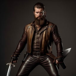 A bearded, rough-faced kidnapper commander, armed with a silver sword, wearing a bulletproof vest hidden under a leather jacket, with matching leather pants and boots.