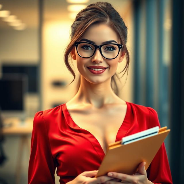 A close-up on a sexy female brunette with glasses, wearing a red blouse that accentuates her large chest and cleavage