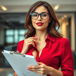 A close-up shot focusing on a sexy female with brunette hair wearing glasses