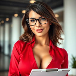 A close-up shot focusing on a sexy female with brunette hair wearing glasses