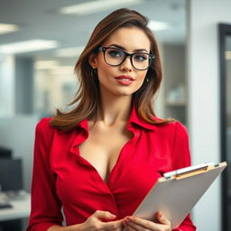 A close-up shot of a sexy female with brunette hair, stylish glasses, and wearing a bold red blouse that accentuates her large chest and a hint of cleavage
