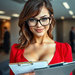 A close-up shot of a sexy female with brunette hair, stylish glasses, and wearing a bold red blouse that accentuates her large chest and a hint of cleavage