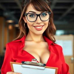 A close-up shot of a sexy female with brunette hair, wearing stylish glasses and a vibrant red blouse that accentuates her large chest and prominent cleavage