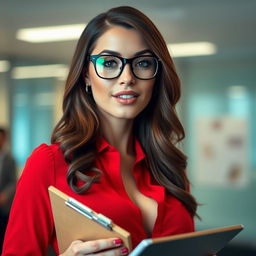 A close-up shot of a sexy female with brunette hair, wearing stylish glasses and a vibrant red blouse that accentuates her large chest and prominent cleavage