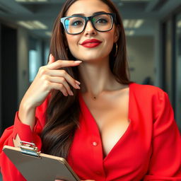 A close-up chest and torso shot of a sexy female with brunette hair, wearing stylish glasses and a vibrant red blouse that accentuates her large chest and cleavage