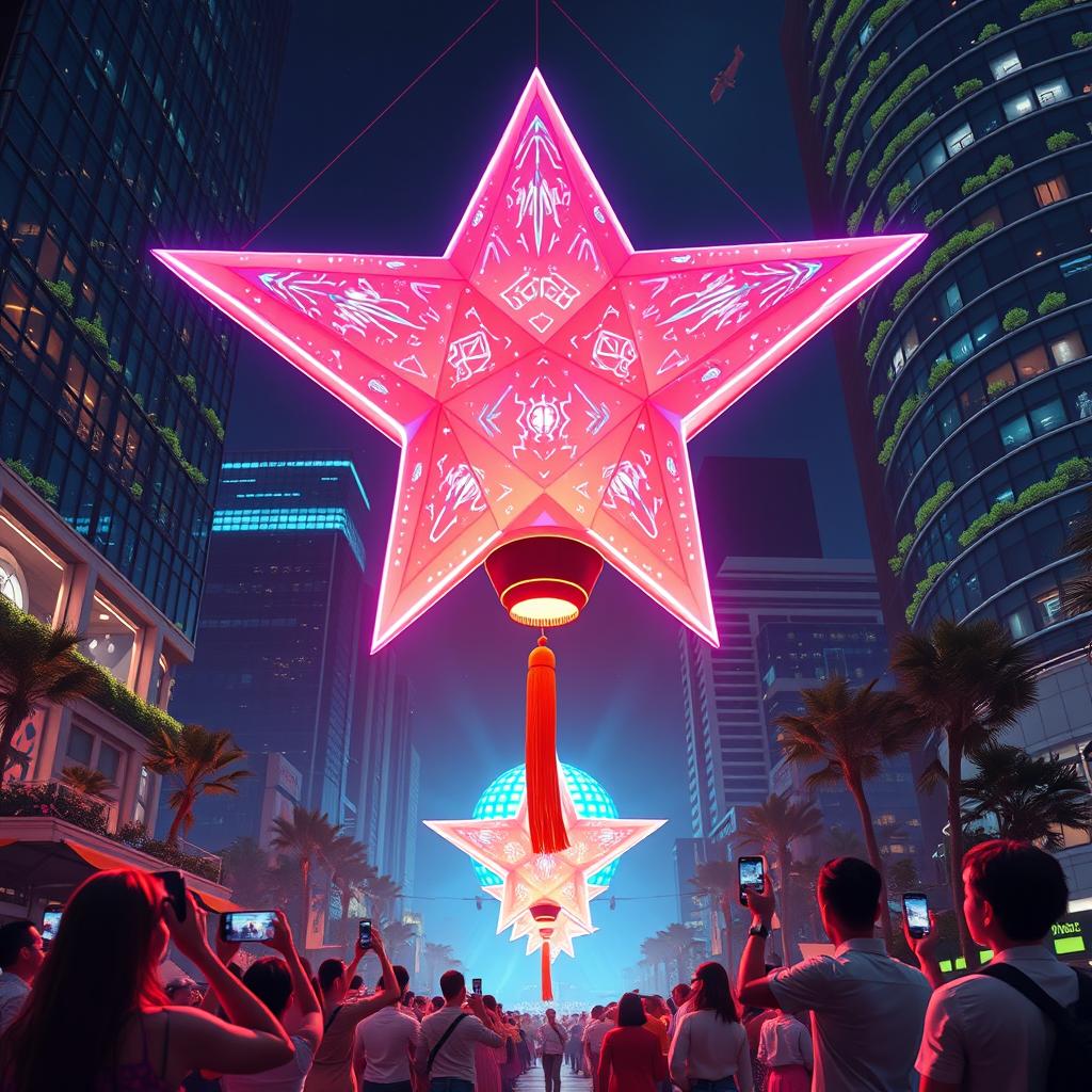 A futuristic depiction of the traditional 'paról' (star lantern) reimagined for a modern world