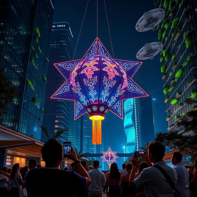 A futuristic depiction of the traditional 'paról' (star lantern) reimagined for a modern world