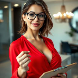 A close-up shot focusing on the upper torso of a sexy female with brunette hair wearing stylish glasses and a bright red blouse that accentuates her large chest and generous cleavage