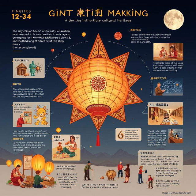 A visually compelling design illustrating the historical significance of Giant Lantern Making, highlighting key elements of its early creation processes, success stories, challenges faced, and contemporary efforts to safeguard this intangible cultural heritage