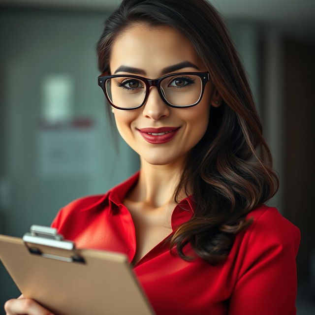 A close-up on a sexy female, brunette with glasses, wearing a red blouse that accentuates her large chest and cleavage