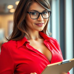 A close-up on a sexy female, brunette with glasses, wearing a red blouse that accentuates her large chest and cleavage