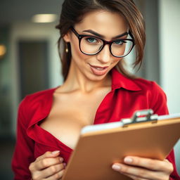 A close-up on a sexy female, brunette with glasses, wearing a red blouse that accentuates her large chest and cleavage