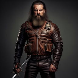 A bearded, rough-faced kidnapper commander, armed with a silver sword, wearing a bulletproof vest hidden under a leather jacket, with matching leather pants and boots.