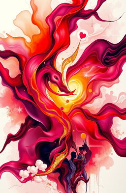 An artistic representation of the concept 'Desire Dynamics: LUST-LOVE EVERYTHING IN BETWEEN!' featuring a vivid and colorful abstract composition that merges elements of desire, passion, and romance