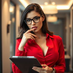 A sensual close-up shot of a beautiful brunette woman, Jelena Jensen, wearing stylish glasses with a confident and smug smirk