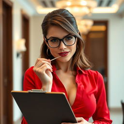 A close-up shot of an attractive, confident brunette woman named Tara Tainton, wearing stylish glasses and a form-fitting red blouse that accentuates her large chest and flattering cleavage